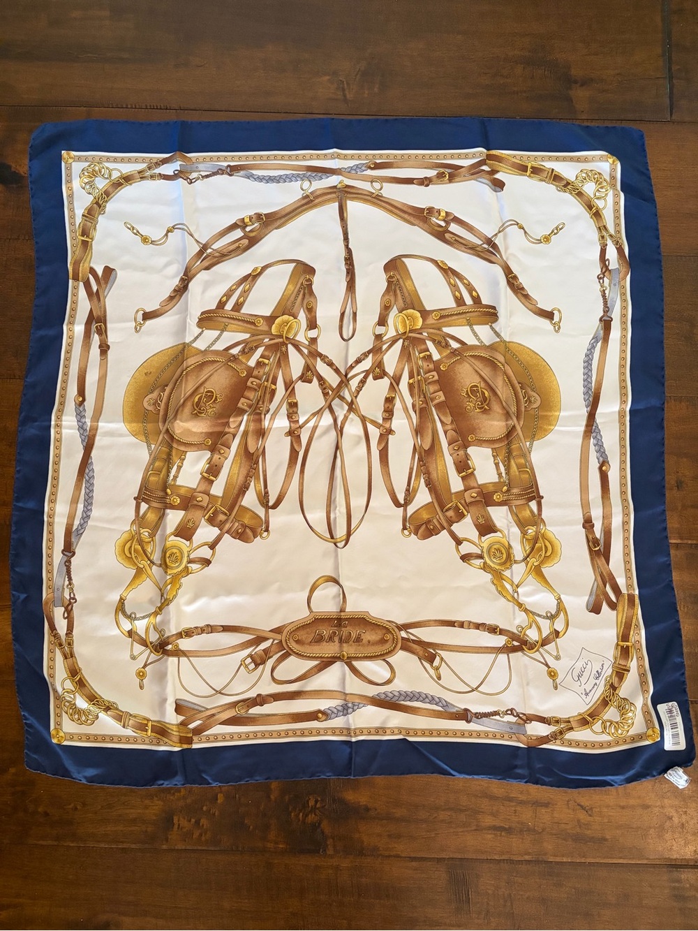 Gucci Navy, Cream and Brown Equestrian Print Silk Scarf